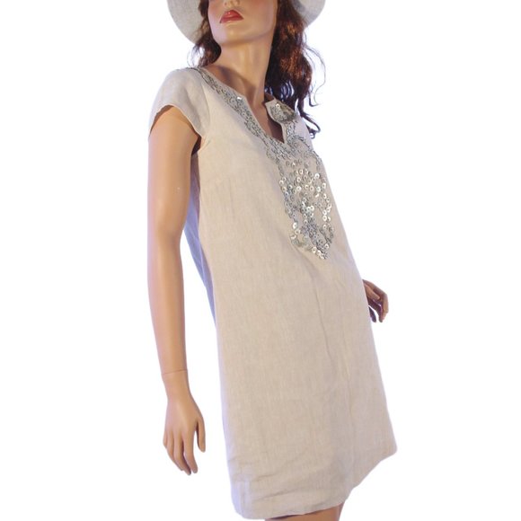 VINEYARD VINES $248 Linen Beaded MOP Button Cap Sleeve Sheath Mini Dress 2 - Picture 3 of 11
